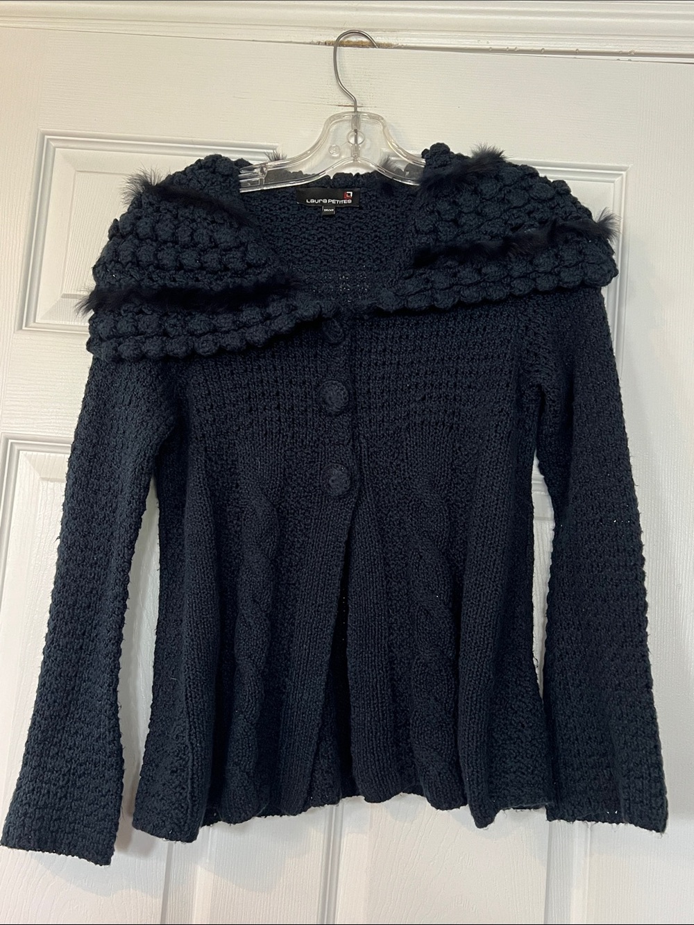Laura Navy Knit Hooded Cardigan with fur Trim